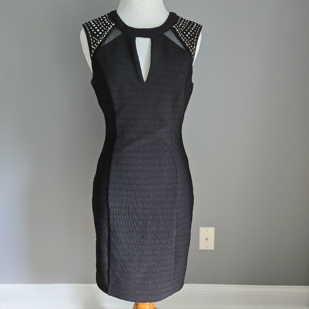 Guess Black Embellished Sheath Dress Mock Neck Cocktail